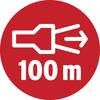 Czerwona tarcza ze białym symbolem oznaczająca wyjazd za 100 metrów. Na znaku widnieje strzałka i napis 100 m.