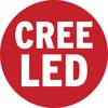 Czerwone koło z białym napisem 'CREE LED' pośrodku.