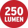 Czerwony krąg z białym tekstem '250 LUMENÓW'.