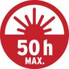 Logo z czerwonym słońcem na białym tle. Tekst: '50h MAX.' Obraz sygnalizuje maksymalny czas użytkowania wynoszący 50 godzin.