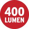 Czerwony okrąg z białym tekstem: '400 lumenów'.