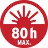 Czerwony symbol wschodzącej słońce oraz tekst '80h MAX.', co wskazuje na maksymalny czas trwania lub żywotność wynoszącą 80 godzin.