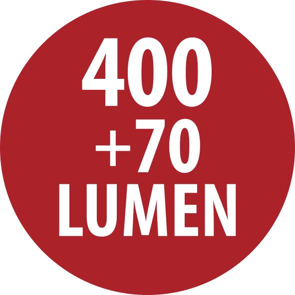 Czerwona okrągła etykieta z napisem „400 +70 LUMEN" w białym tekście.