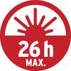Czerwony symbol ze słońcem i tekstem '26 h MAX.', wskazujący maksymalny czas trwania w ciągu dnia.
