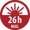 Czerwony okrągły znak ze wskazującym wzgorze słońcem i tekstem '26h MAX.'