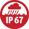 Czerwony symbol z symbolem chmury i deszczu nad napisem 'IP 67', wskazujący na odporność na wodę i kurz.
