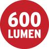 Czerwone koło z białym napisem '600 lumenów', wskazujące jasność produktu świetlnego.