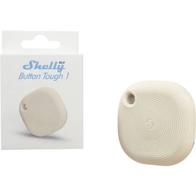 Biały, okrągły przycisk Bluetooth z teksturowanymi liniami leży obok jego opakowania z napisem 'Shelly Button Tough 1'.