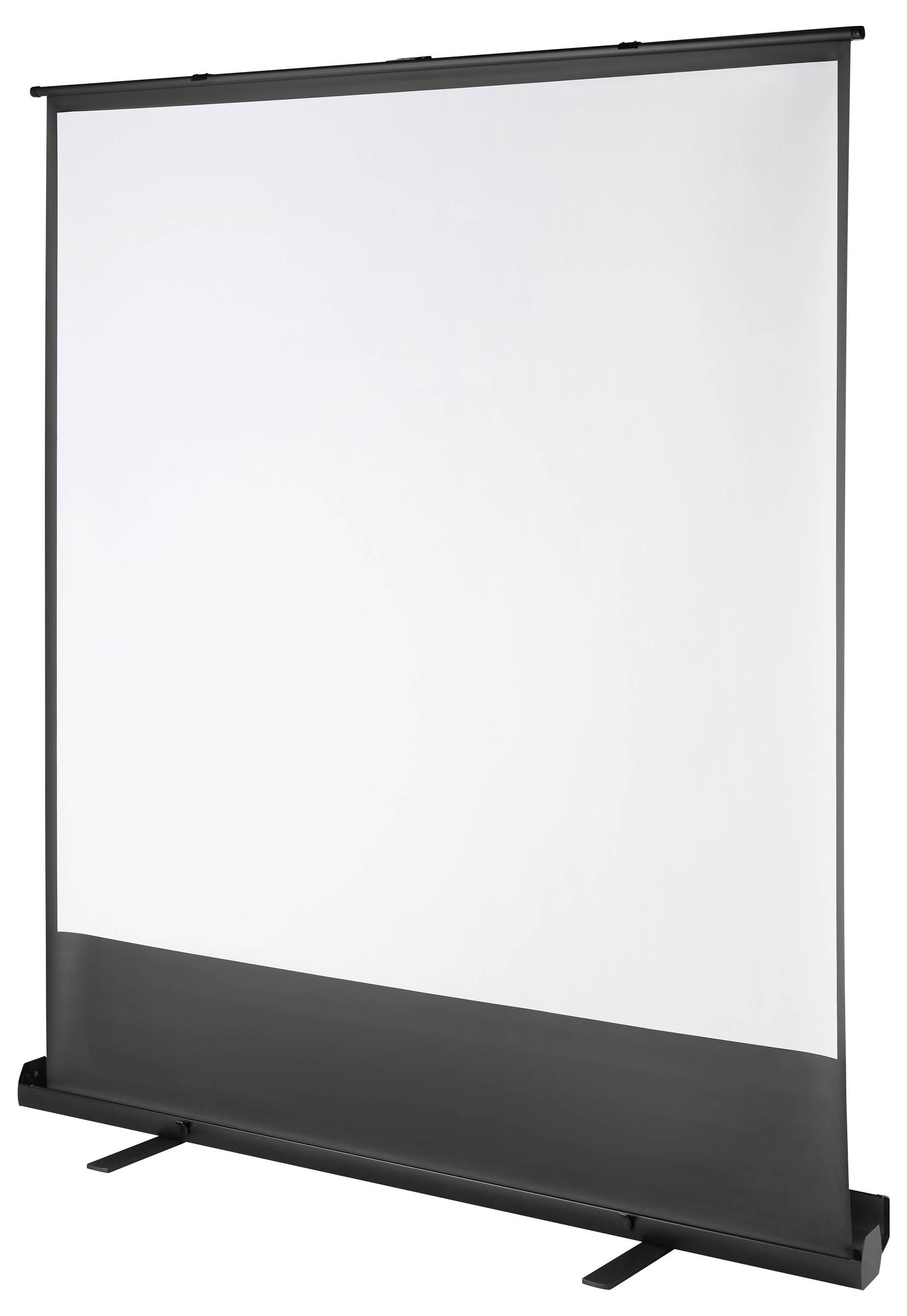 Przenośny ekran projekcyjny z czarną obudową i rozsuwanym białym płótnem, idealny do prezentacji i projekcji filmowych.