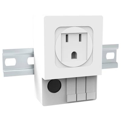 Rysunek przedstawia białe gniazdo elektryczne o prostokątnym kształcie, zamontowane na szynie metalowej, przystosowane do mocowania na szynie DIN.