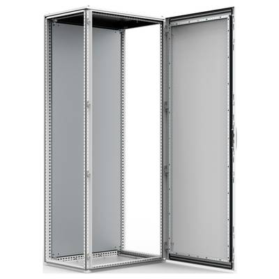 Metalowa szafa z otwartym panelem drzwiowym, ukazująca pustą przestrzeń wewnętrzną. Odpowiednia do instalacji elektronicznych lub technicznych.