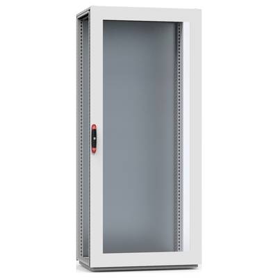 Szafa metalowa ze szklaną przednią ścianą, przeznaczona do przechowywania urządzeń elektrycznych lub serwerów. Wolnostojąca, z uchwytem pośrodku.