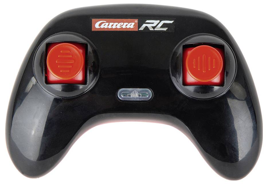 Czarny kontroler RC z czerwonymi przyciskami sterującymi i logo 'Carrera RC'.