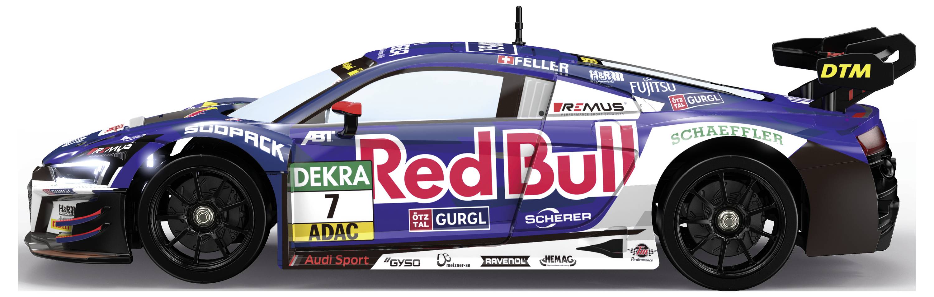 Samochód wyścigowy z reklamą 'Red Bull' i numerem startowym Dekra 7, widok z boku. Pojazd w malowaniu motorsportowym z logo sponsorów.