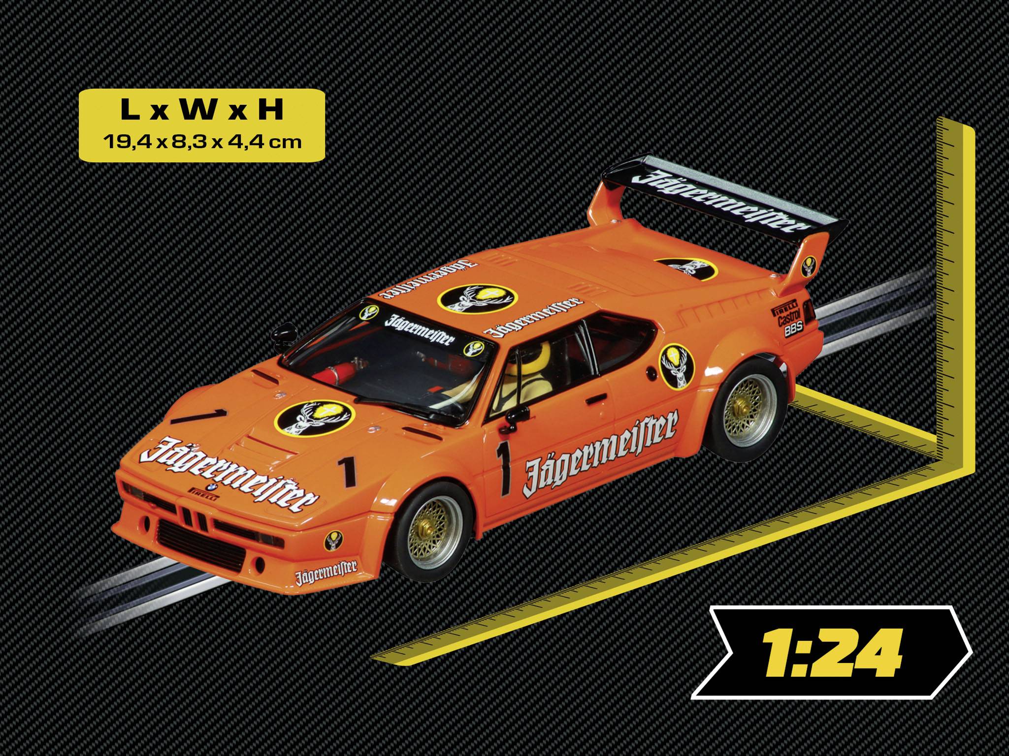 Pomarańczowy model samochodu z napisem 'Jägermeister', przedstawiony w skali 1:24, o wymiarach 19,4 x 8,3 x 4,4 cm.