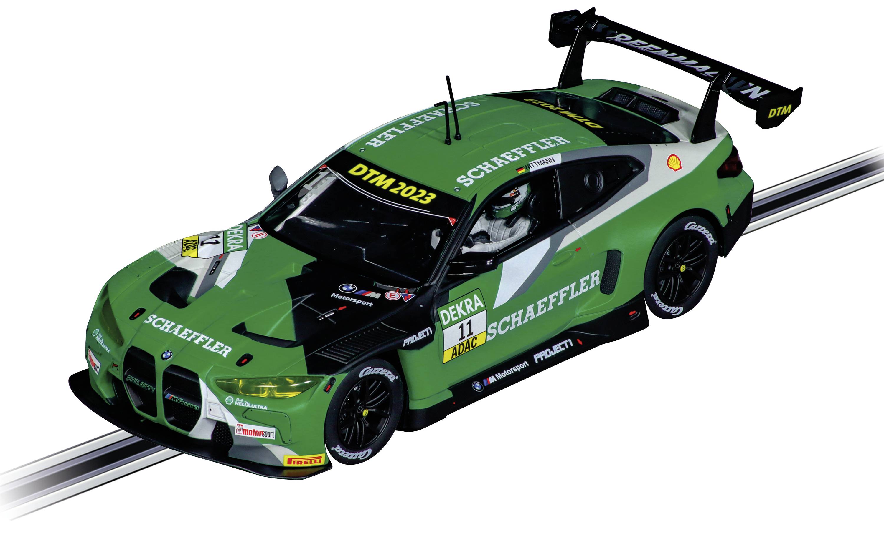 Zielony samochód wyścigowy BMW na torze, oznaczony napisami 'Schaeffler' i 'DTM 2023'.