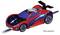 Czerwony samochodzik zabawkowy z niebieskimi detalami i tylnym spoilerem; posiada wzór przypominający pajęczynę i znajduje się na torze.