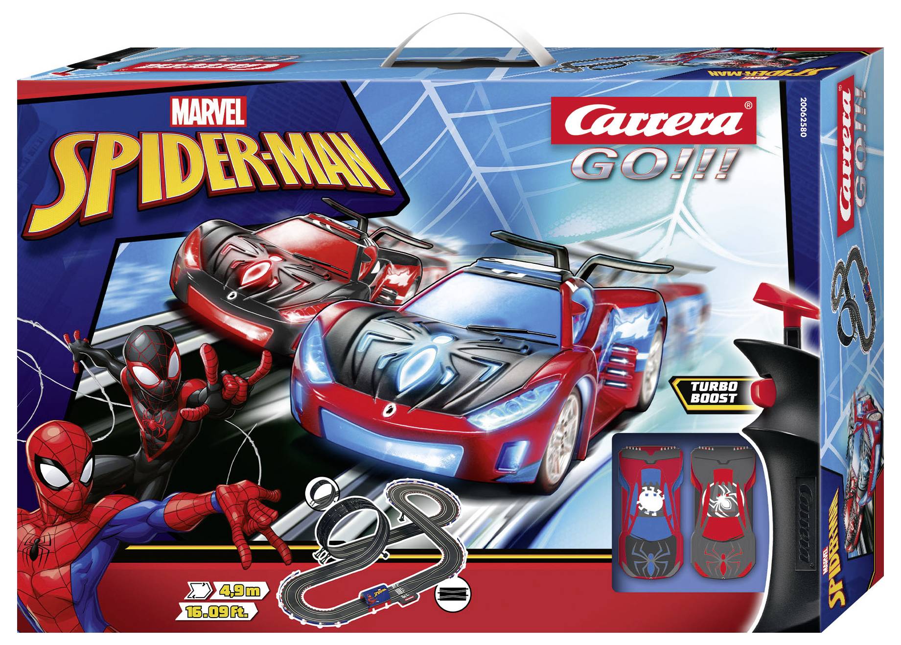 Zestaw toru wyścigowego z motywem 'Spider-Mana' i 'Venoma'. Prezentuje dwa samochody wyścigowe i przebieg trasy. Zawiera funkcję Turbo Boost.