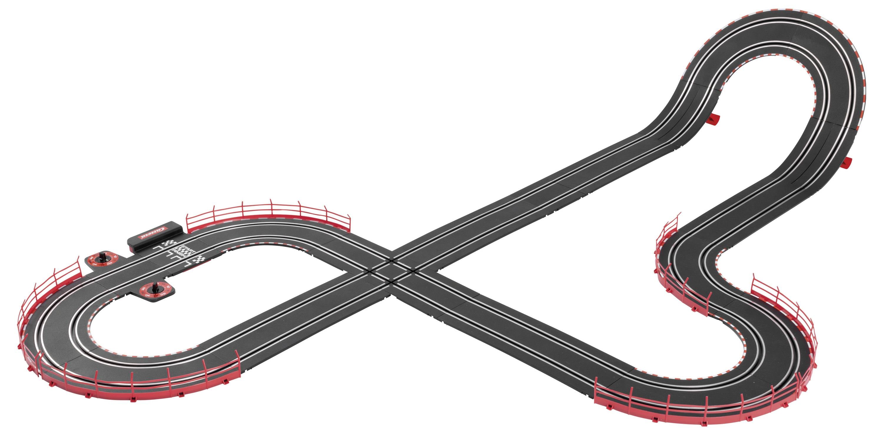 Czarna trasa wyścigowa w kształcie serca z czerwonymi obrzeżami i strefą startu/mety w lewym dolnym rogu.
