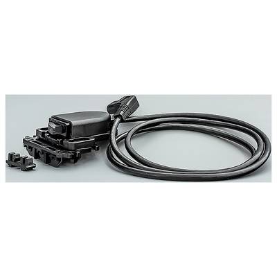 Czarny kabel z wtykiem i elementami mocującymi leży na szarym tle. Wygląda na część elektronicznego wyposażenia.