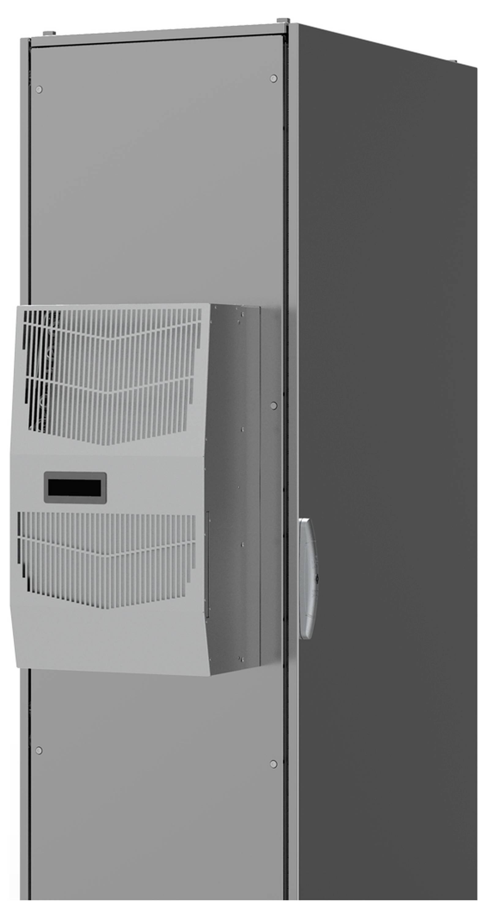 Szara szafa sterownicza z zamontowanym z boku urządzeniem wentylacyjnym do chłodzenia.