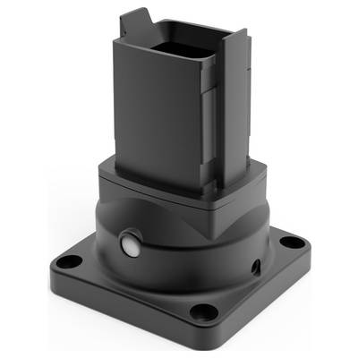 Czarny metalowy element łączący o kształcie prostokąta z czterema otworami montażowymi, prawdopodobnie adapter gniazdowy.