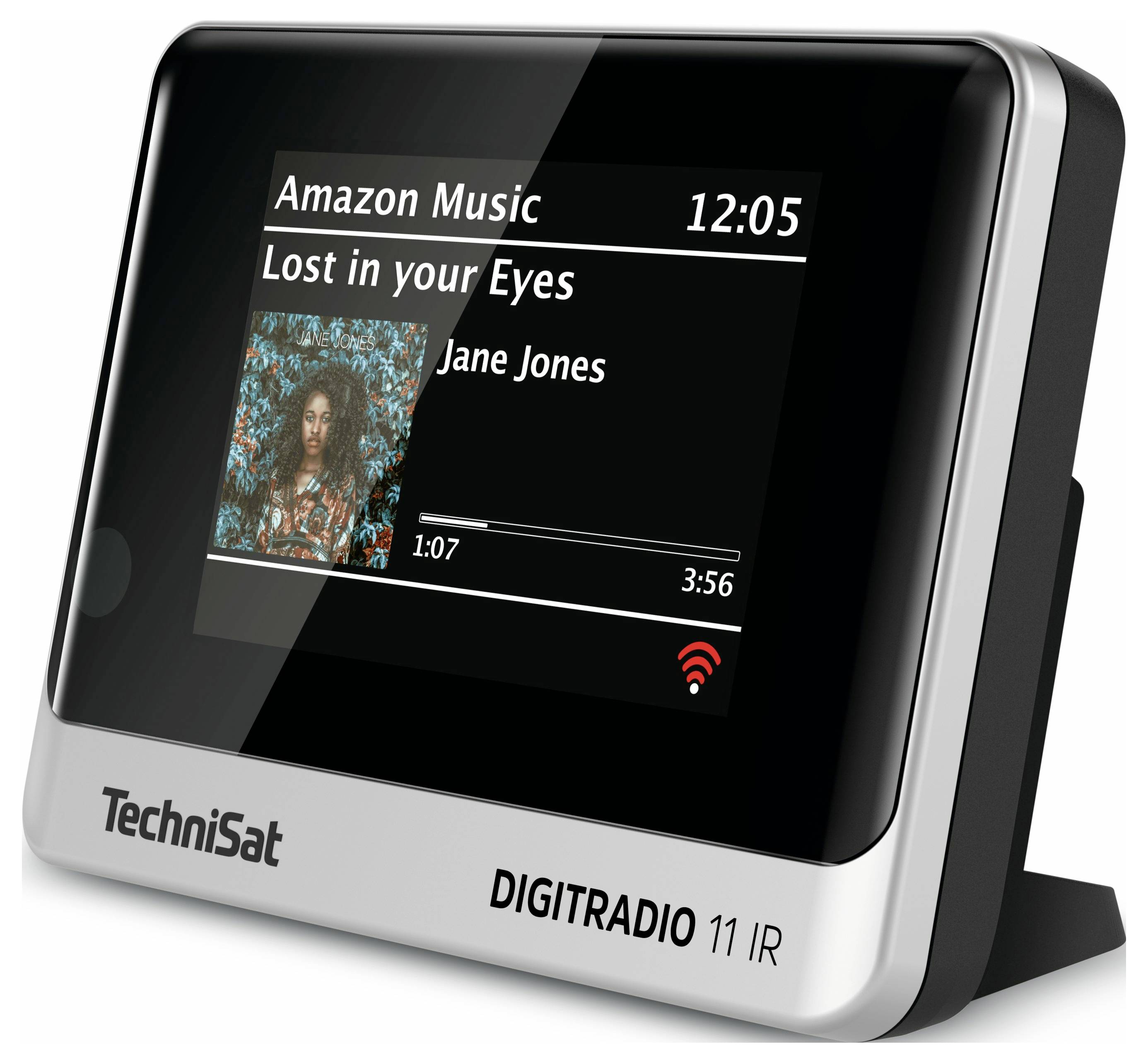 Radiobudzik z wyświetlaczem pokazuje 'Amazon Music: Zagubiony w twoich oczach' artysty 'Jane Jones'. Odtwarza od 1:07 z 3:56. Widoczny symbol sieci Wi-Fi.