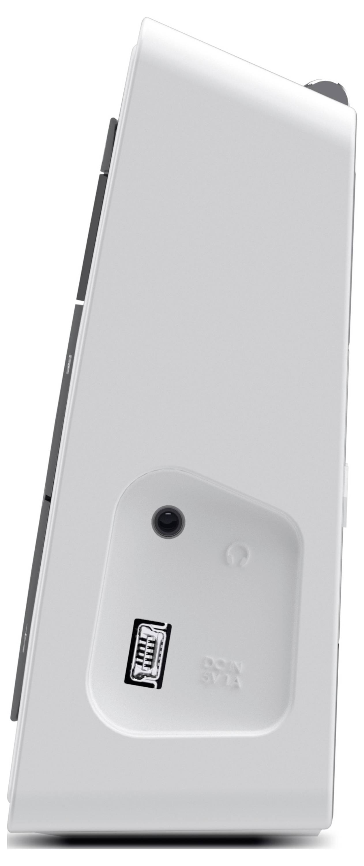 Widok z boku białego kontrolera konsoli do gier z gniazdem USB i wejściem na słuchawki.