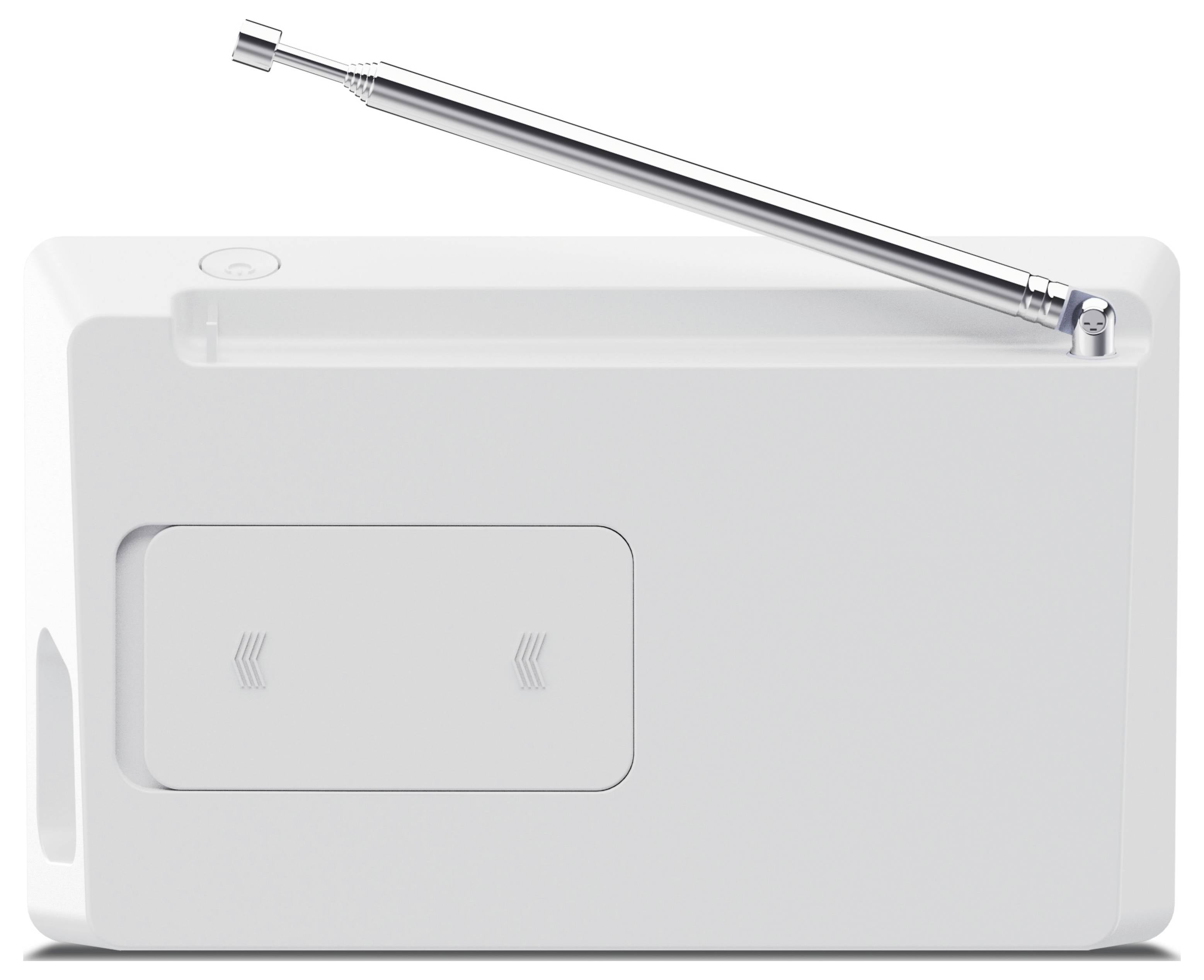 Biała pilota z wysuwaną anteną i dwoma strzałkami kierunkowymi na przyciskach.