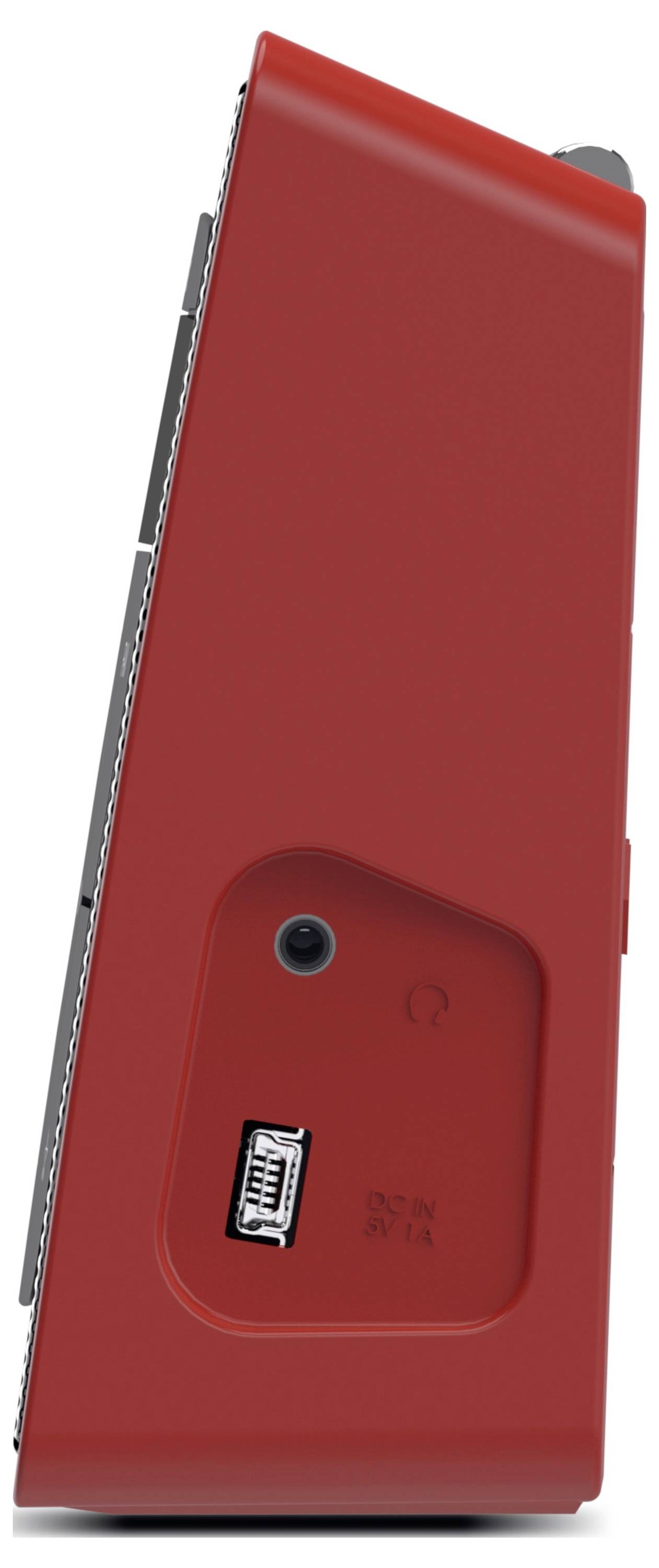 Czerwone, płaskie urządzenie z jednym przyciskiem i złączem USB z tyłu, sfotografowane z boku.