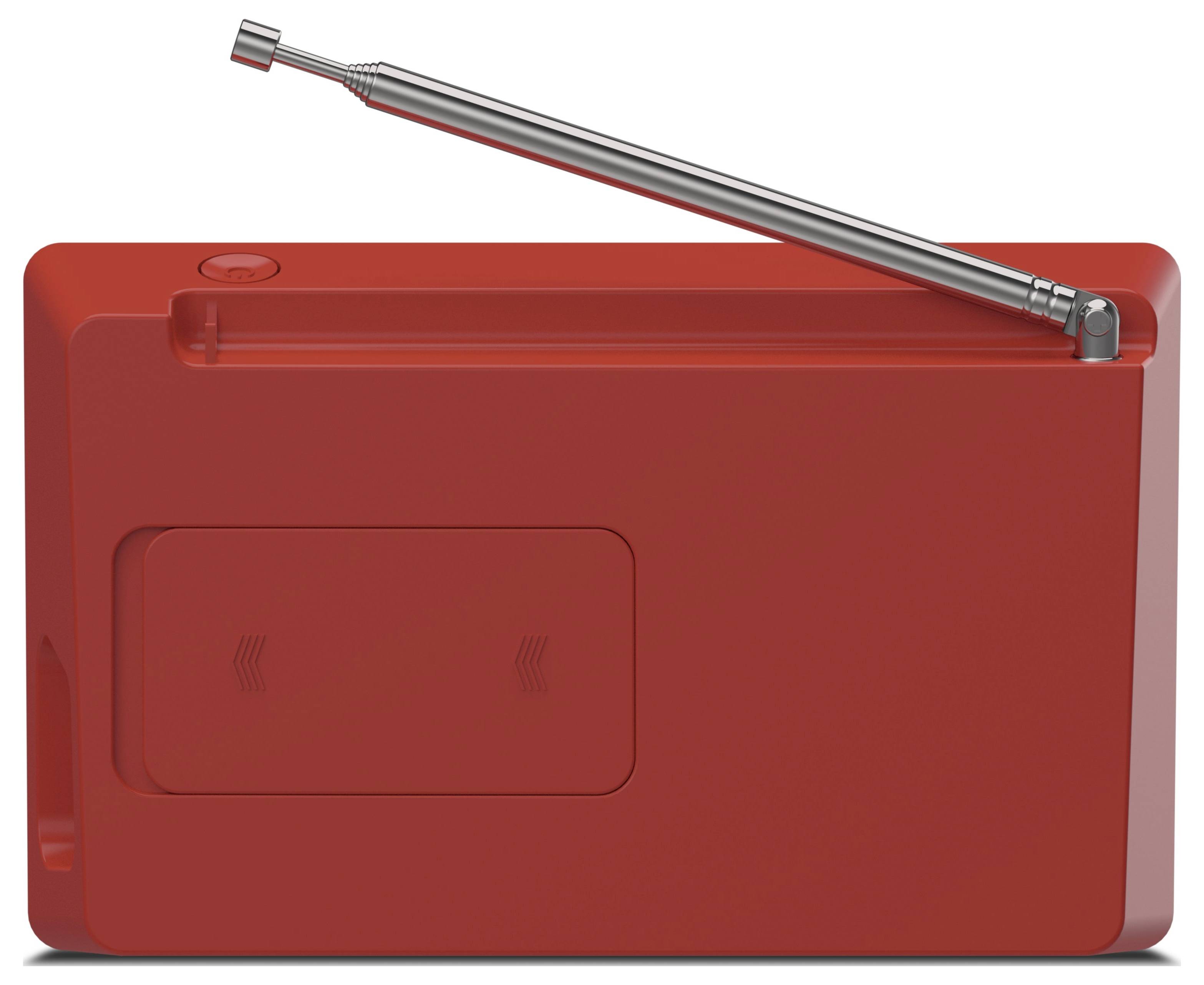 Czerwone przenośne radio z wysuwaną anteną, stojące pionowo.