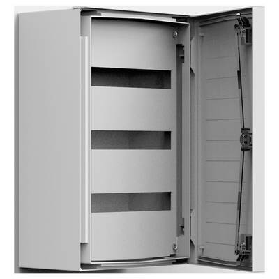 Otwarta szara metalowa rozdzielnica elektryczna z trzema widocznymi przegrodami. Prawe drzwi całkowicie otwarte. Odpowiednia do instalacji komponentów elektrycznych.