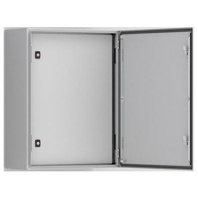 Metalowa szafa elektryczna z otwartymi drzwiami, prezentująca pusty wnętrze bez widocznych kabli lub urządzeń.