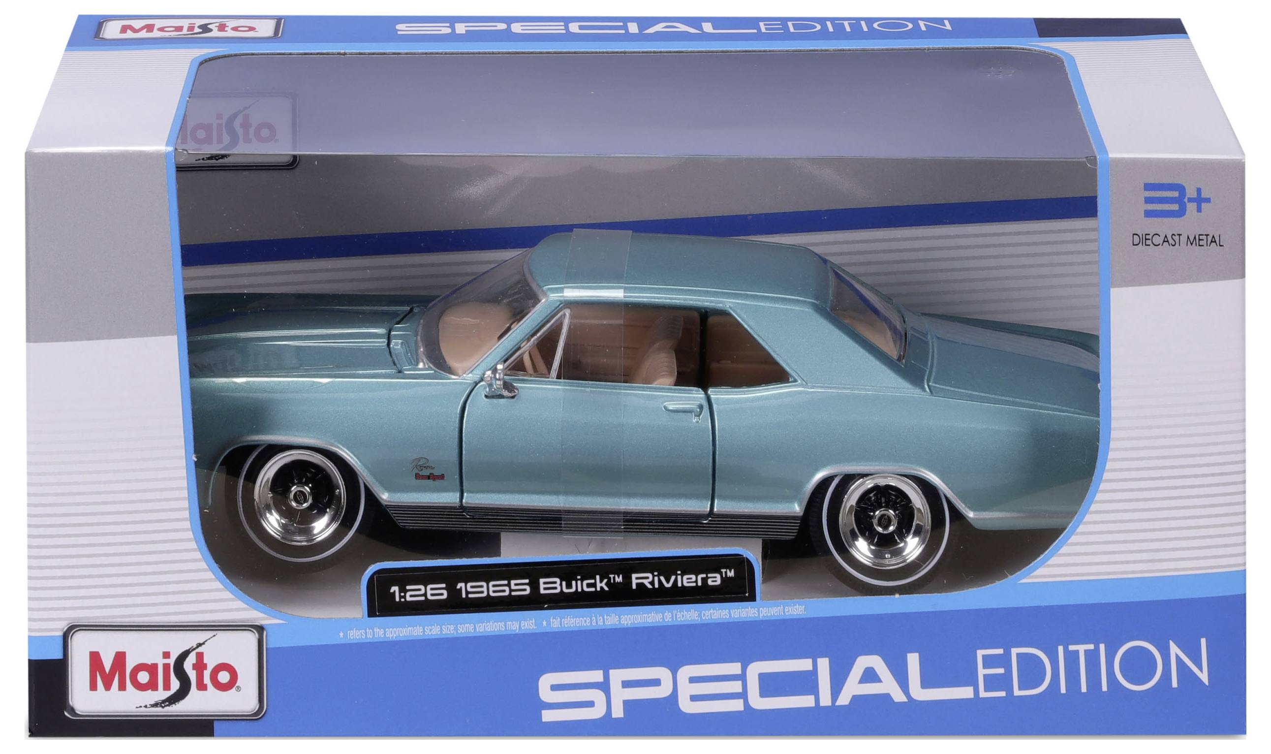 Opakowanie modelu samochodu '1965 Buick Riviera' w kolorze niebieskim. Zawiera napis 'Special Edition' oraz 'Maisto'. Model w skali 1:26.