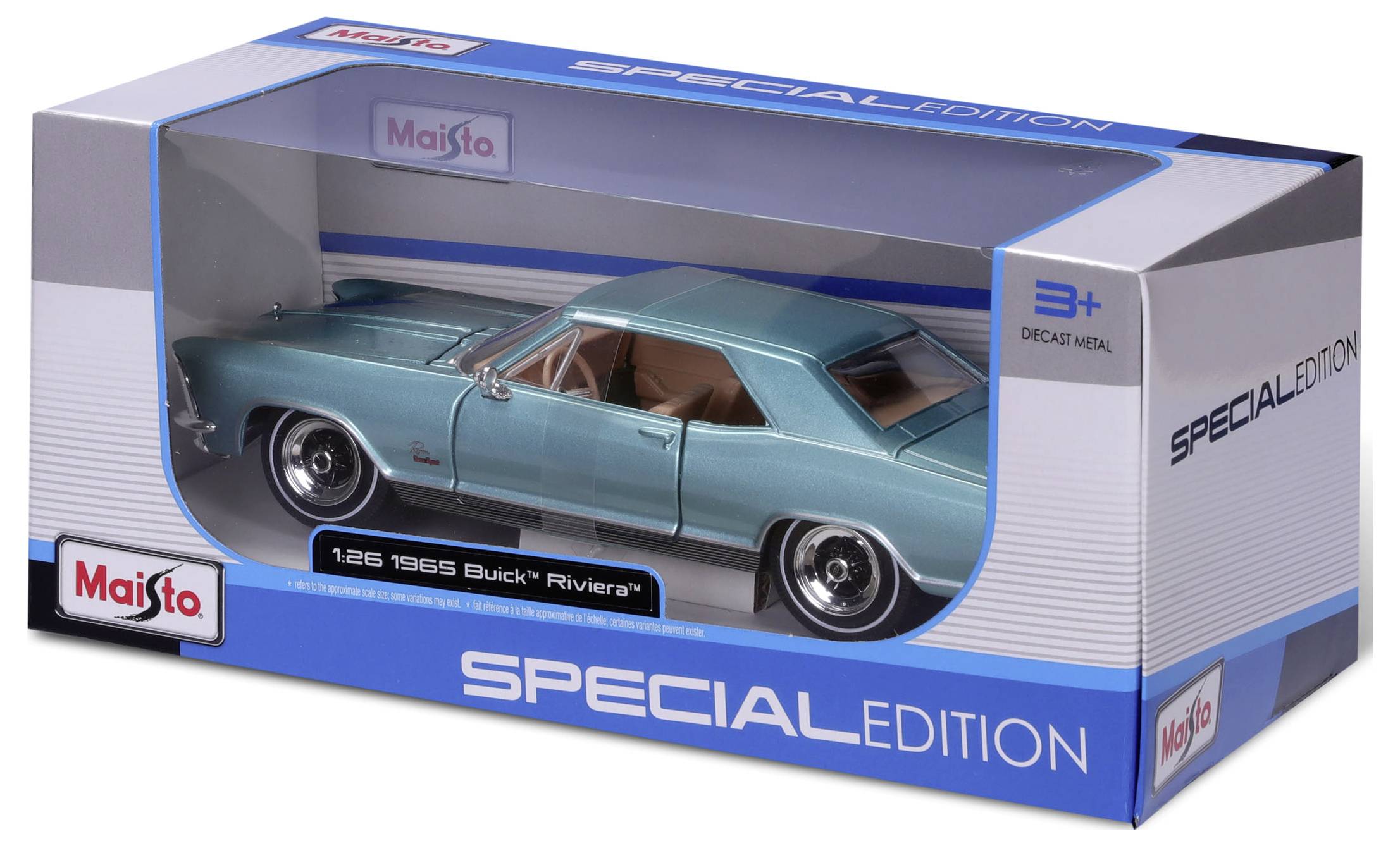 Niebieski model samochodu Buick Riviera z 1965 roku w opakowaniu z napisem 'Edycja Specjalna' i informacją 'dla dzieci od 3 lat'.