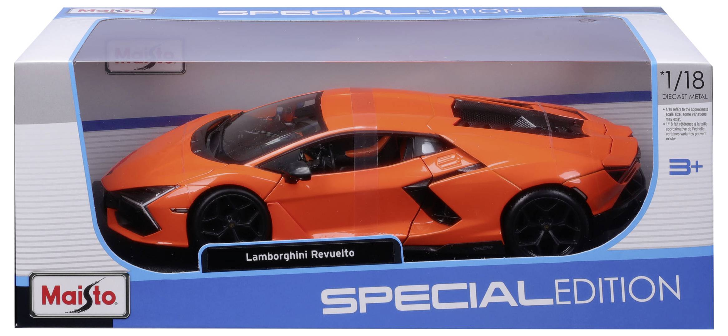 Pomarańczowy model samochodu 'Lamborghini Revuelto' w skali 1:18 w przezroczystym opakowaniu, oznaczony jako 'Edycja Specjalna'.