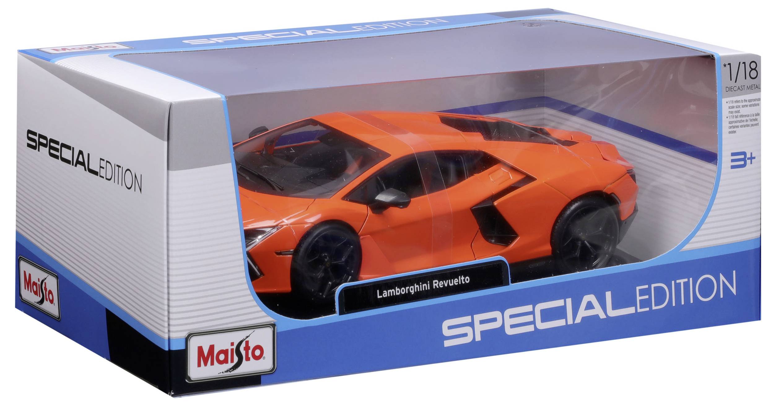 Miniaturowy model pomarańczowego Lamborghini w oryginalnym opakowaniu z napisem 'Edycja Specjalna', skala 1:18.