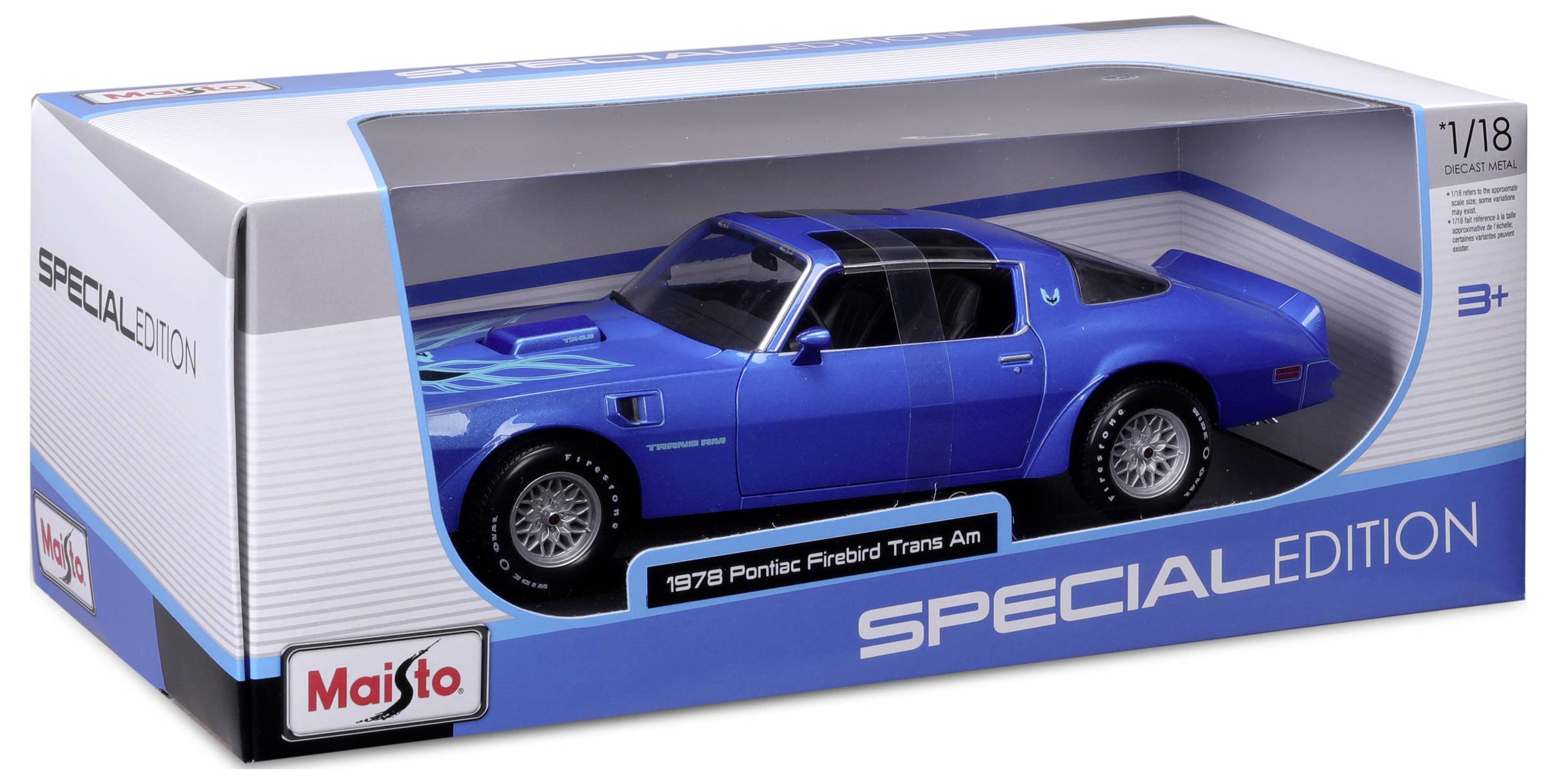 Model samochodu Pontiac Firebird Trans Am z 1979 roku w kolorze niebieskim, w pudełku z napisem 'Edycja Specjalna'. Skala 1:18.