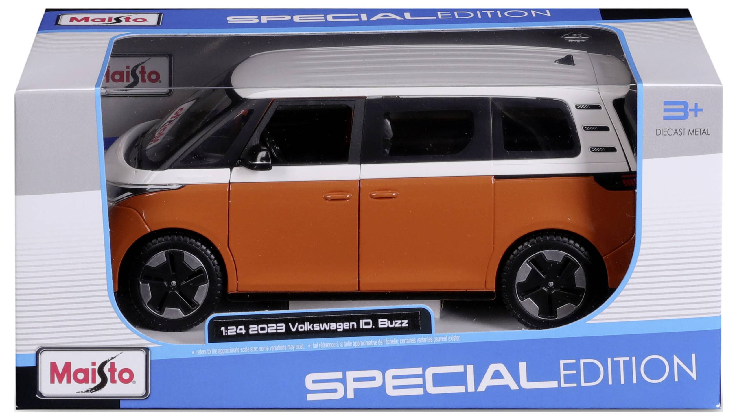 Model zabawkowy pomarańczowo-białego Volkswagena ID. Buzz w pudełku, oznaczony jako 'Edycja Specjalna', odpowiedni dla dzieci powyżej 3 roku życia.
