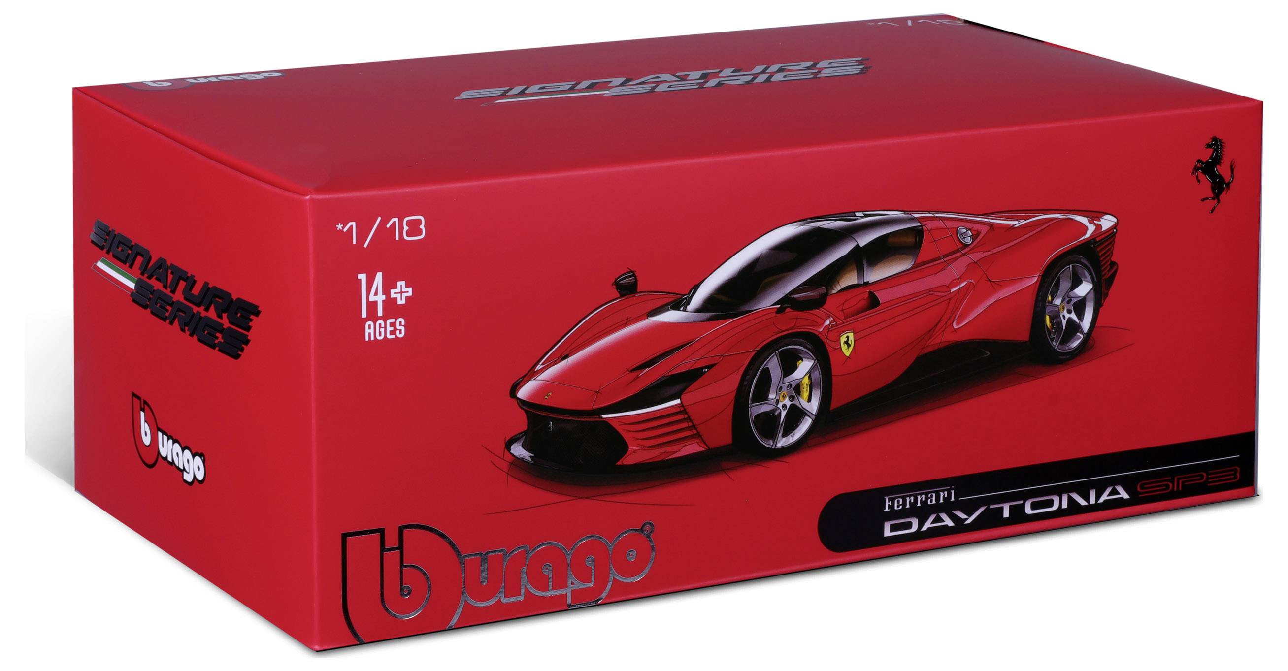 Ilustracja przedstawia czerwone opakowanie modelu samochodu Ferrari Daytona SP3 firmy Bburago w skali 1:18, przeznaczonego dla osób powyżej 14 roku życia.
