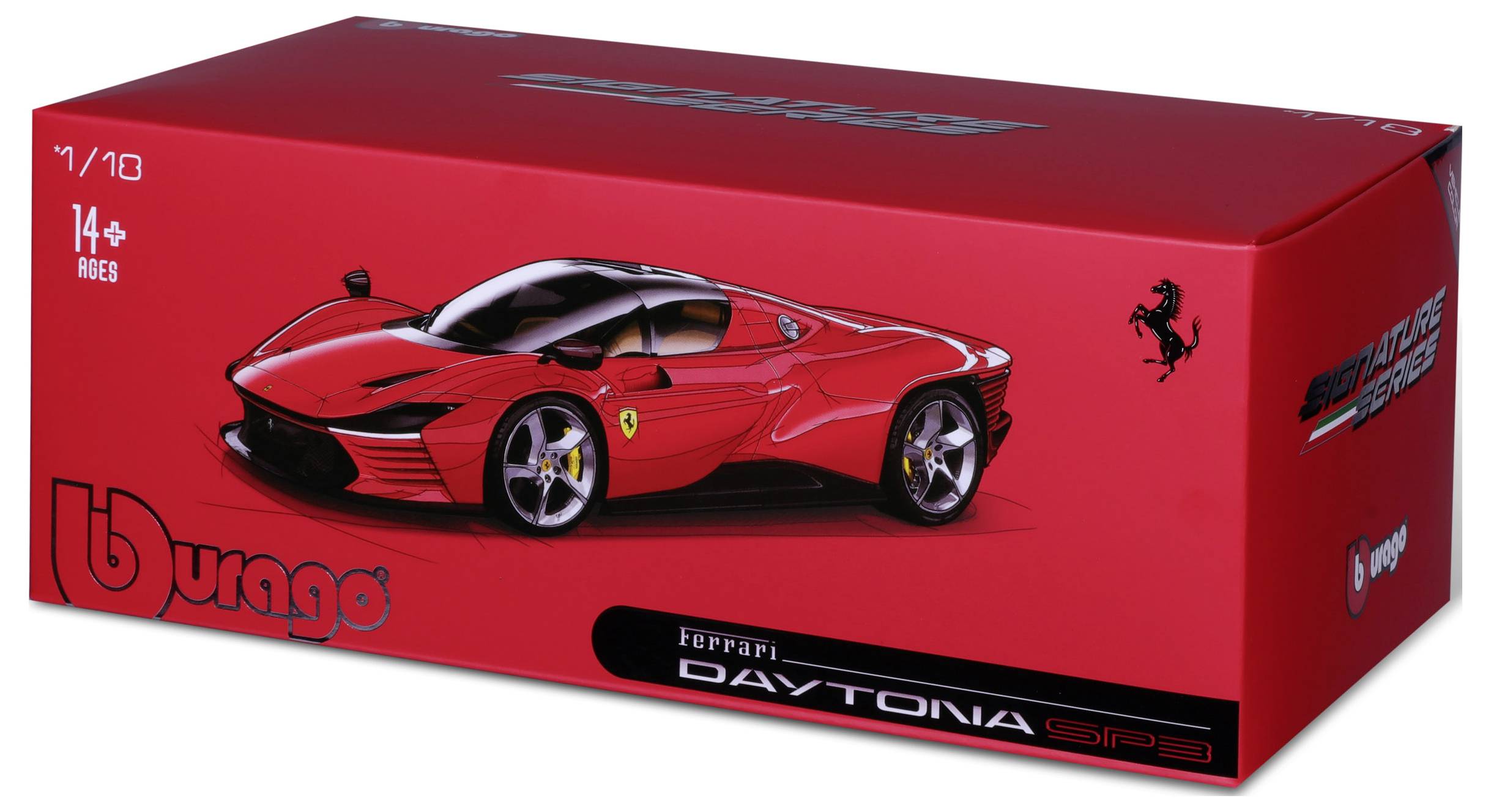 Czerwone opakowanie modelu samochodu Ferrari Daytona SP3 firmy Bburago, odpowiednie dla osób powyżej 14 roku życia.