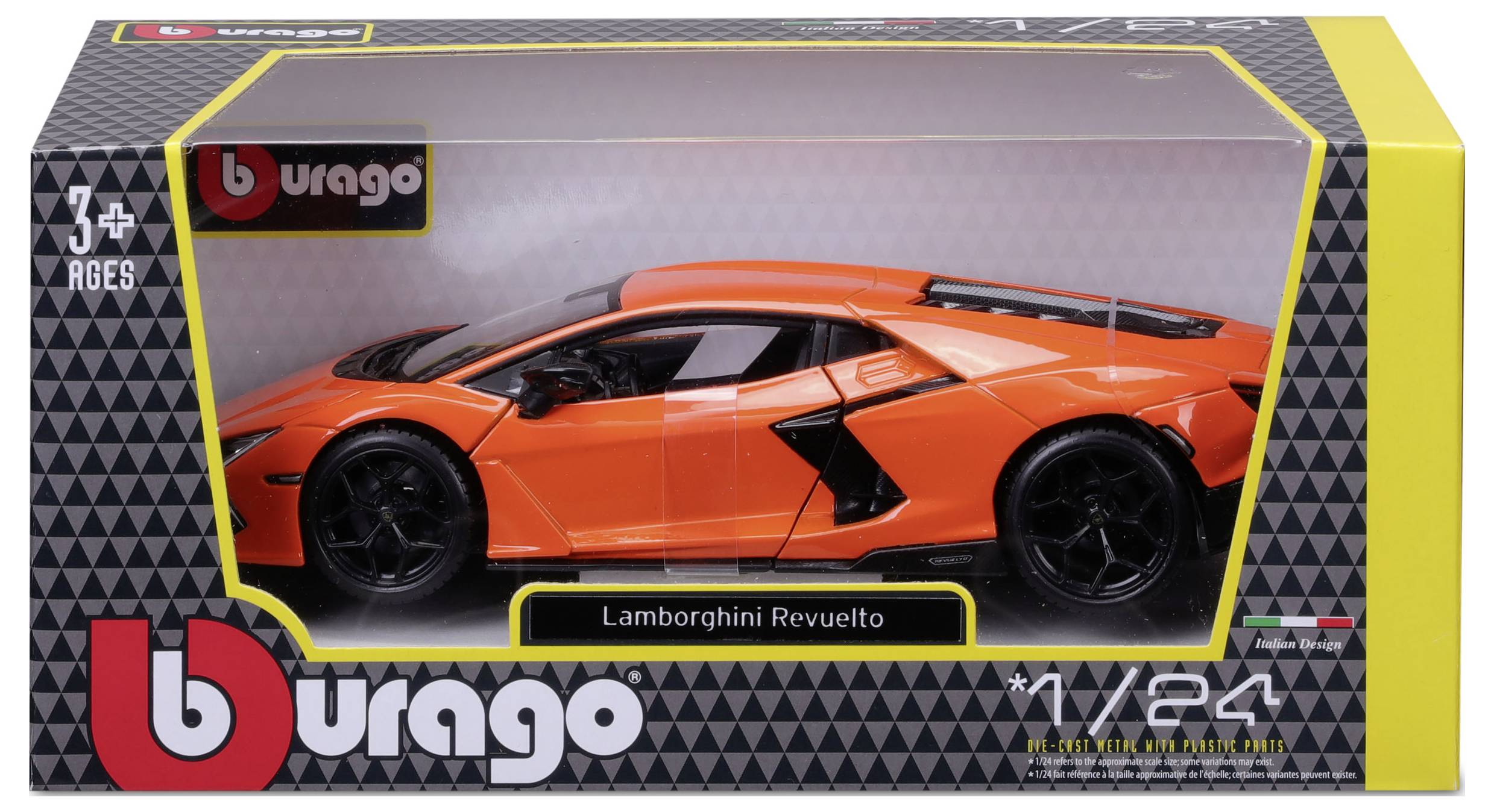 Pomarańczowy samochód zabawka Lamborghini Revuelto w skali 1:24, odpowiedni dla dzieci powyżej 3 roku życia.