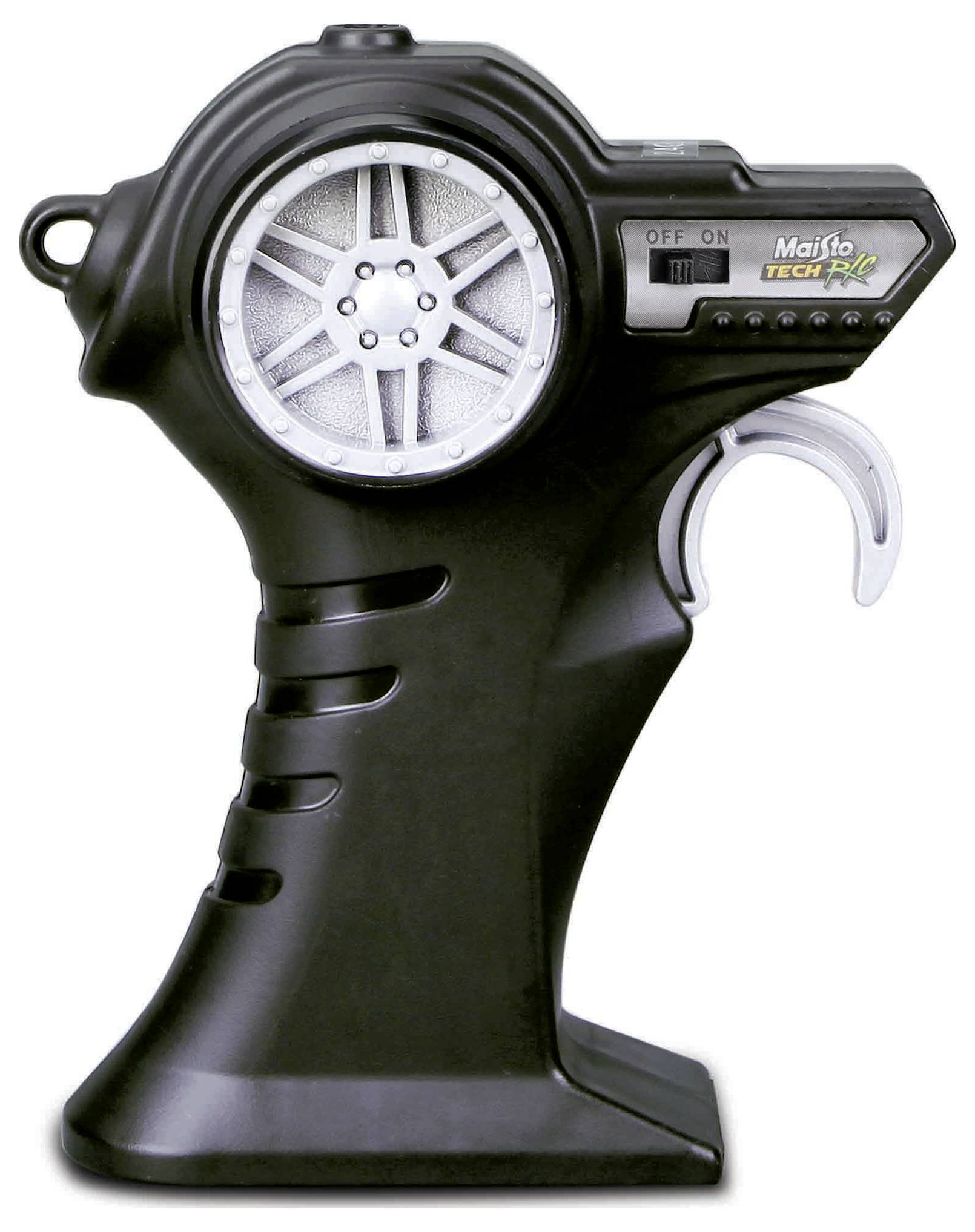 Czarny kontroler zdalnego sterowania zabawką z srebrnym kołem i przyciskami 'Włącz' i 'Wyłącz', wyprodukowany przez Maisto Tech.