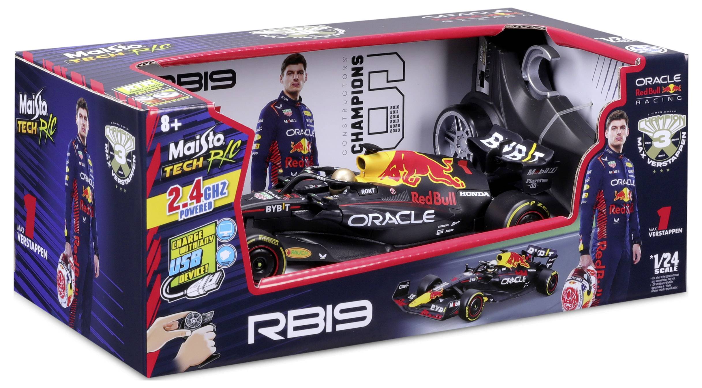 Zestaw modelu samochodu 'RB19' firmy Maisto Tech RC, przedstawiający czarno-czerwony samochód Formuły 1 z kierowcą i charakterystycznymi logo sponsorów.