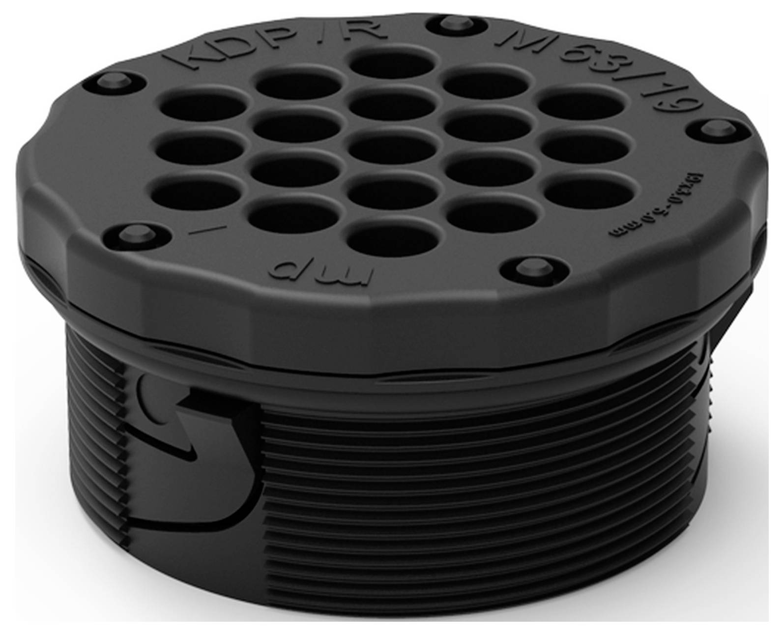 Czarny, cylindryczny zamknięty element z kilkoma okrągłymi otworami u góry. Zamknięcie posiada gwint karbowany i wkładki śrubowe.