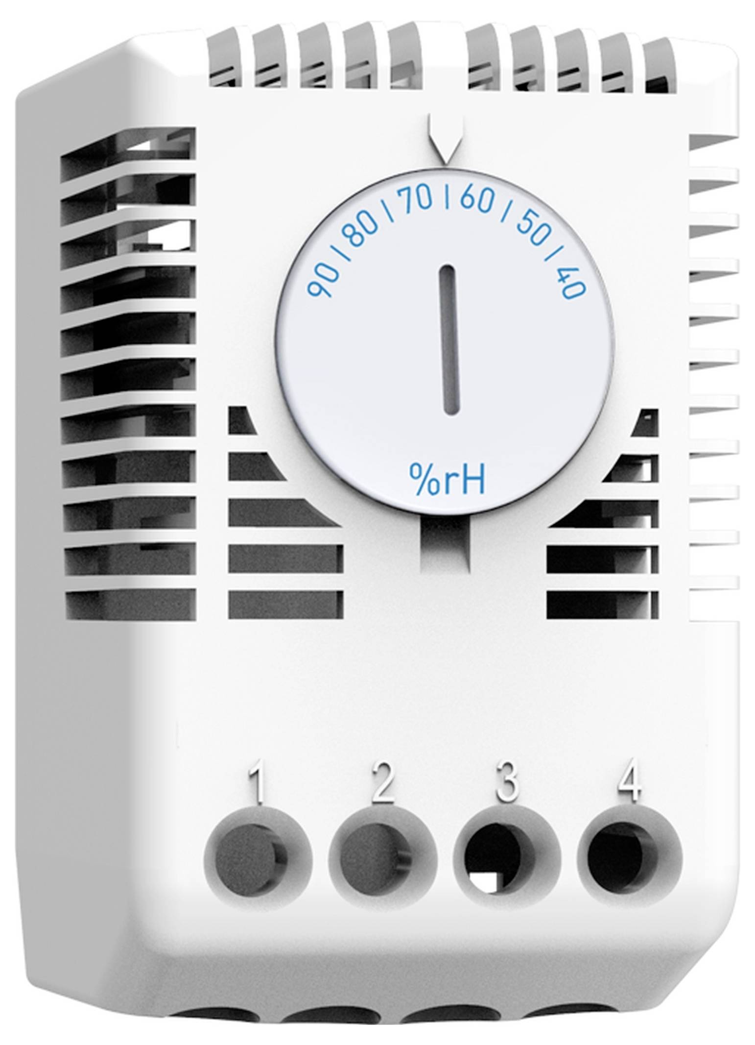 Higrometr z pokrętłem do regulacji wilgotności względnej. Skala wskazuje wartości od 30 do 90%.