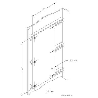 Rysunek techniczny prostokątnego obiektu z wieloma pomiarami w milimetrach; kluczowy wymiar: 22 mm.