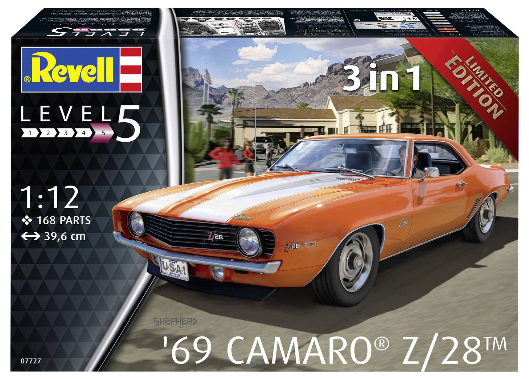Zestaw do złożenia Camaro Z/28 z roku 1969 w skali 1:12. Edycja limitowana, 168 elementów. Pomarańczowy model samochodu na opakowaniu.