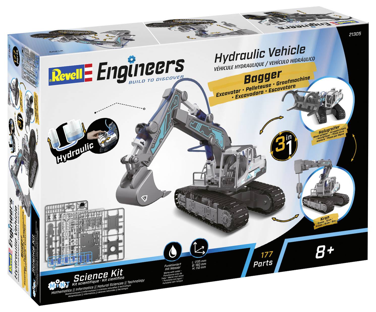 Zestaw do budowy hydraulicznego modelu koparki firmy Revell, przeznaczony dla dzieci od 8 roku życia. Zawiera 177 części do zbudowania koparki w 3 różnych wariantach.
