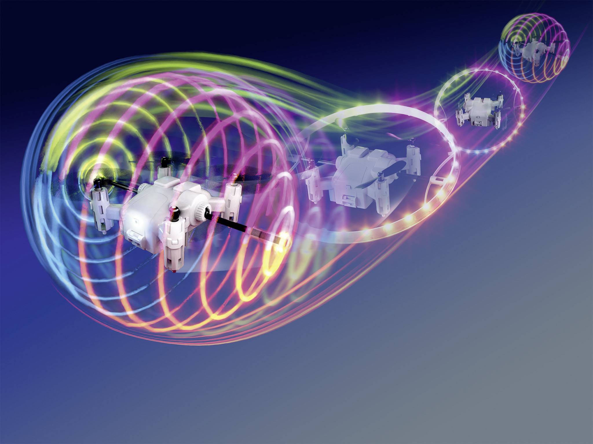 'Dron w ruchu' z jaśniejącymi spiralami, które wizualizują tor lotu, na niebieskim tle.